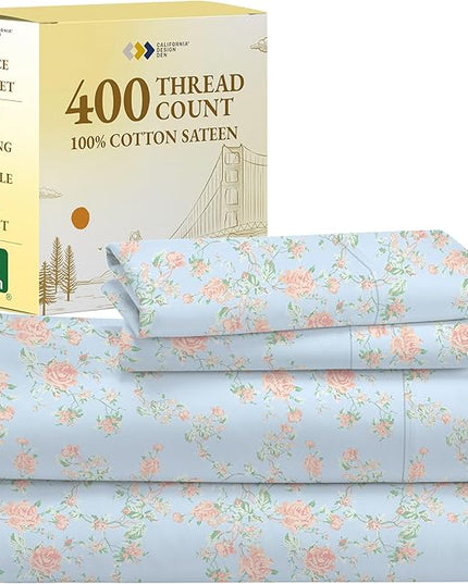 California Design Den Floral Sheets for Twin Size Bed, 100% Cotton Sheets Set, Luxury 400 Thread Count Sateen, (Antique Rose) - LeafyLoom
