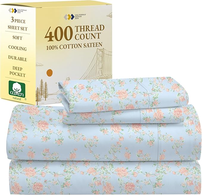 California Design Den Floral Sheets for Twin Size Bed, 100% Cotton Sheets Set, Luxury 400 Thread Count Sateen, (Antique Rose) - LeafyLoom