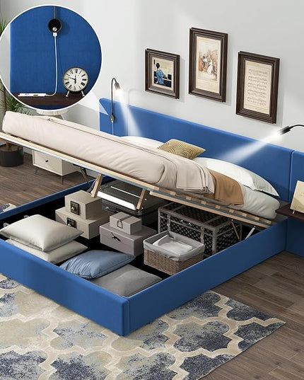 Queen Size Storage Upholstered Hydraulic Platform Shelves, Modern Velvet Fabric Bed Frame W/ 2 Lights and USB Port,No Box Spring Required,for Bedroom, Apartment,Blue - LeafyLoom