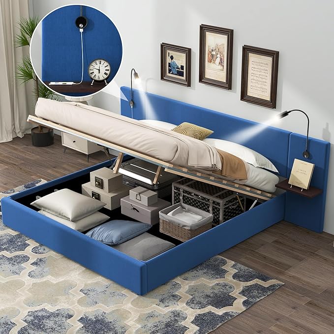 Queen Size Storage Upholstered Hydraulic Platform Shelves, Modern Velvet Fabric Bed Frame W/ 2 Lights and USB Port,No Box Spring Required,for Bedroom, Apartment,Blue - LeafyLoom