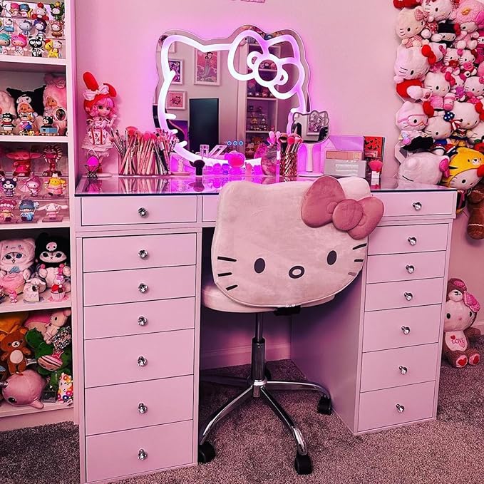 Impressions Vanity Hello Kitty Kawaii Swivel Vanity Chair for Makeup Room, Adjustable Height Cute Desk Chair with Wheels Rolling, Comfy Polyurethane Foam Back Armless Chair for Dorm (White) - LeafyLoom