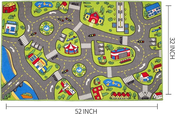 Large Kids Carpet Playmat Rug 52 x 32 with Non-Slip Backing, City Life Play Mat for Playing with Car Toy, Game Area for Baby Toddler Kid Child Educational Learn Road Traffic in Bedroom, Classroom - LeafyLoom