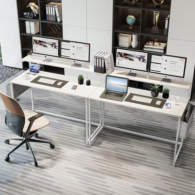 Yoobure Computer Desk with Power Outlets Fast Charging Type-C, Gaming Desk with LED Lights, 47" Office Desk with Adjustable Monitor Stand, Small Desk Home Office Desks with Storage Bag & Hook - LeafyLoom