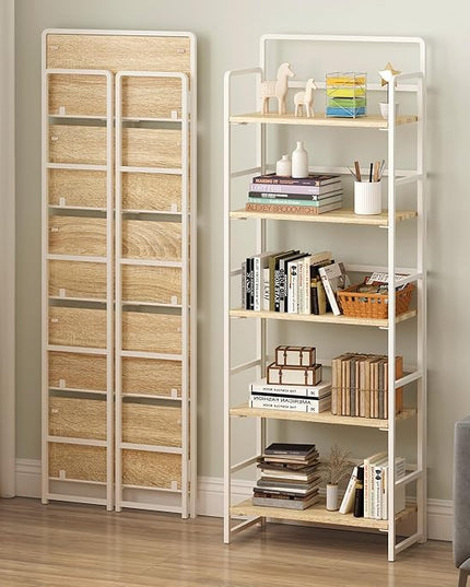 4NM No-Assembly 5 Tiers Folding Bookshelf Storage Shelves Vintage Bookcase Standing Racks Study Organizer Home Office (Natural and White) - LeafyLoom