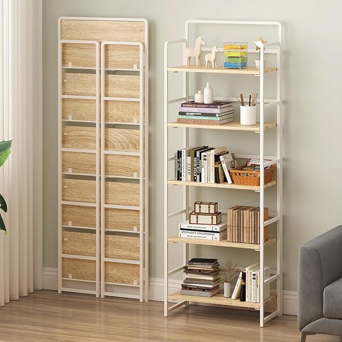 4NM No-Assembly 5 Tiers Folding Bookshelf Storage Shelves Vintage Bookcase Standing Racks Study Organizer Home Office (Natural and White) - LeafyLoom