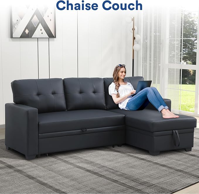 4-in-1 Convertible L Shaped Couch with Pull Out Bed and Storage Sectional Sleeper Sofa with Reversible Chaise for Living Room, Apartment, Bedroom, Office, Jet Black - LeafyLoom