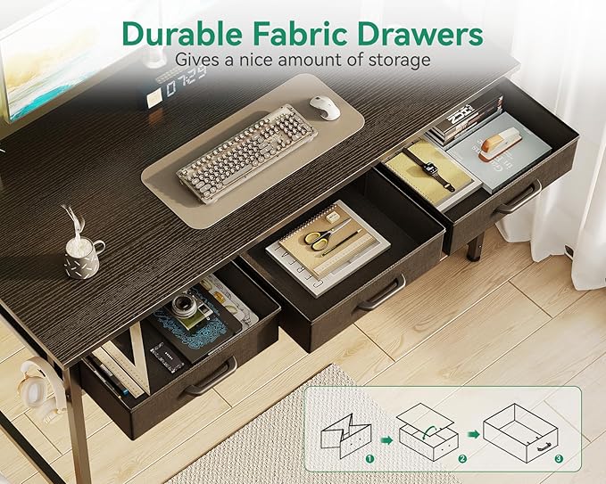 AODK 54 Inch Computer Desk with 3 Fabric Drawers, Office Desk with USB/Type-C Charging Ports & Power Outlets, Vanity Desk with Iron Hook for Bedroom, Study/Writing/Work Table for Bedroom, Black - LeafyLoom