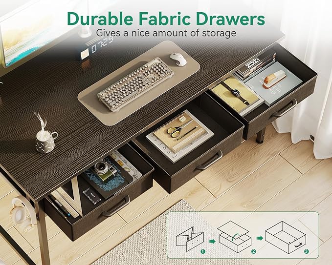 AODK 48 Inch Computer Desk with 3 Fabric Drawers, Office Desk with USB/Type-C Charging Ports & Power Outlets, Vanity Desk with Iron Hook for Bedroom, Study/Writing/Work Table for Bedroom, Black - LeafyLoom