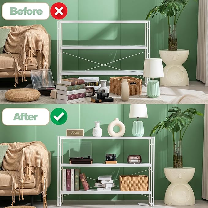 HCHQHS Bookshelf, 3-Tier Industrial Bookcase, White Open Book Shelf, Freestanding Horizontal Bookshelves with Metal Frame - LeafyLoom