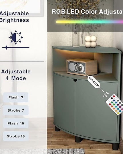 Berg Modern 31-inch 16 Colors LED Corner Cabinet with Doors and 2 Shelves, USB Charge Cord, Small TV Stand for Living Room, Home Office, Sage Green - LeafyLoom