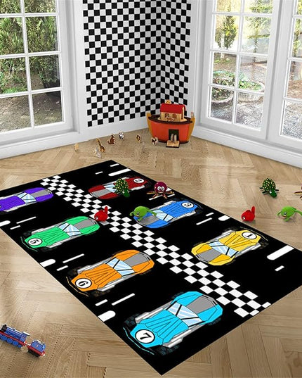 Race Car Rug Kids Play Area Rugs Race Car Track Rug Kids Rug with Roads and Tracks Car Track Carpet Car Rug for Boys Room Race Car Room Decor for Boys,Black 4'5''×6' - LeafyLoom