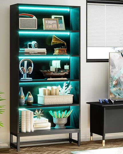 Tribesigns Tall Bookcase Black Bookshelf, 70.8” Large Bookcases Organizer with LED Lights, Heavy Duty Free-Standing Library Bookshelf with 5-Tier Storage Shelves for Living Room, Bedroom (Black) - LeafyLoom