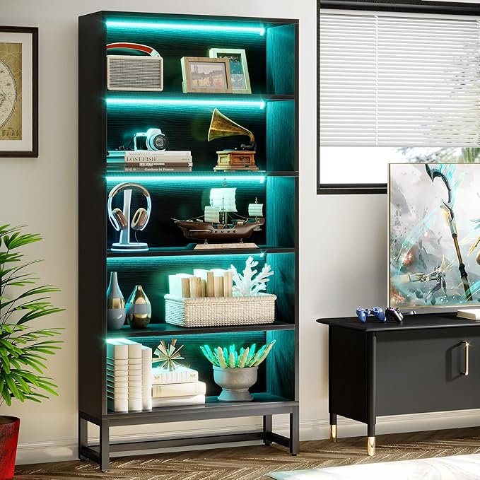 Tribesigns Tall Bookcase Black Bookshelf, 70.8” Large Bookcases Organizer with LED Lights, Heavy Duty Free-Standing Library Bookshelf with 5-Tier Storage Shelves for Living Room, Bedroom (Black) - LeafyLoom