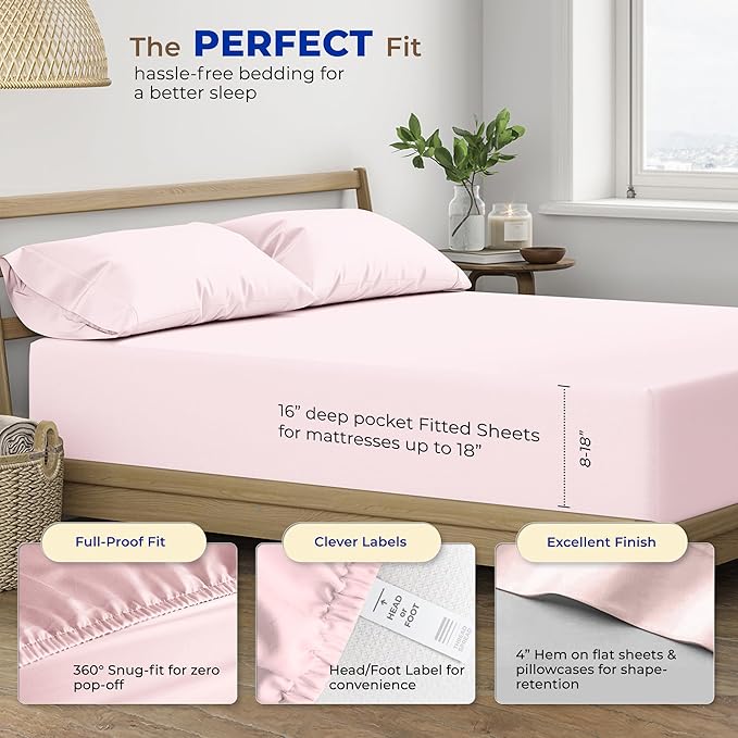 THREAD SPREAD Luxury King Size Sheets Set Egyptian Cotton - 600 Thread Count Sheets King 4 PC Luxury Sheets King Size, 16" Deep Pocket, Soft, Cooling Sateen Weave Hotel Luxury Bed Sheets Set - Blush - LeafyLoom