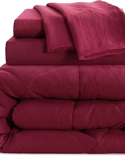 NTBAY Twin Comforter Set with Sheets, 5 Pieces Soft and Breathable Twin Bedding Set, Twin Bed in a Bag, Down Alternative Comforter Set Solid Color All Season, Kids Bedding Set, Wine Red - LeafyLoom