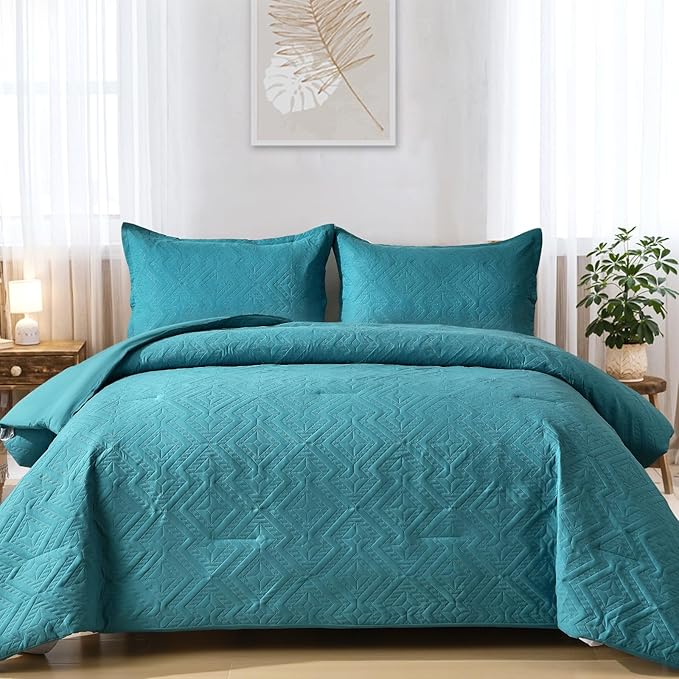 WONGS BEDDING Teal Comforter Set King Size(104“×90”), Boho Geometric Textured Bedding Comforter Sets - 3 Pieces Reversible Soft Microfiber Ultrasonic Bedding with 2 PillowCases - LeafyLoom