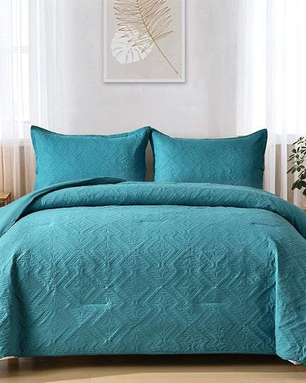 WONGS BEDDING Teal Comforter Set Queen Size(90“×90”), Boho Geometric Textured Bedding Comforter Sets - 3 Pieces Reversible Soft Microfiber Ultrasonic Bedding with 2 Pillowcases - LeafyLoom