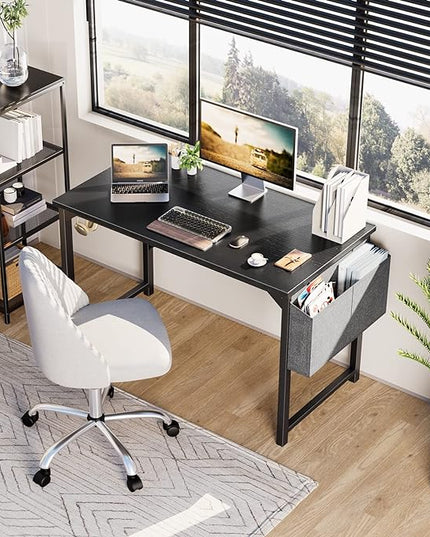 OLIXIS Computer Desk 48 Inch Home Office Work Study Writing Student Kids Bedroom Wood Modern Simple 2 Person PC Table with Storage Bag & Headphone Hooks, Black - LeafyLoom