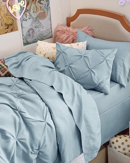 Bedsure Twin XL Comforter Set for Boys - Extra Long 5 Pieces Dorm Bedding Sets, Pinch Pleat Light Blue Bed in a Bag with Comforter, Sheets, Pillowcase & Sham - LeafyLoom