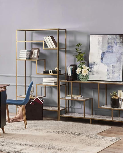 Teamson Home Marmo Sideboard Storage Cabinet TV Stand with Faux Marble Top for Livingroom Home and Office, 32 Inch Height, Brass - LeafyLoom