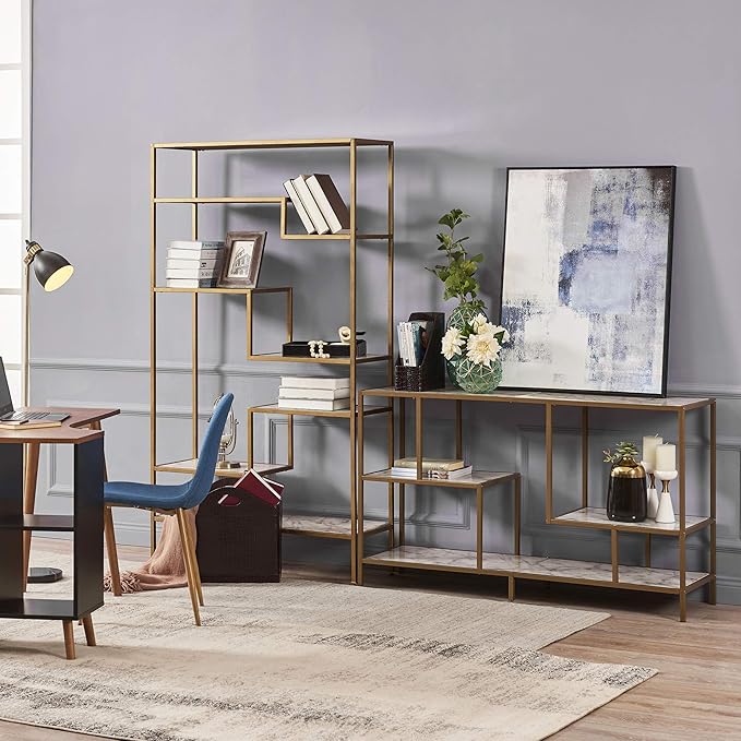 Teamson Home Marmo Sideboard Storage Cabinet TV Stand with Faux Marble Top for Livingroom Home and Office, 32 Inch Height, Brass - LeafyLoom