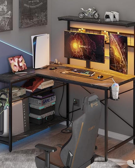 Bestier Gaming Desk with Power Outlets,42 Computer Desk with LED Lights, Reversible Corner Desk with 4-Tier Shelves,Cup Holder & Hook for Home Office,Black Marble - LeafyLoom