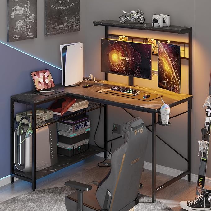 Bestier Gaming Desk with Power Outlets,42 Computer Desk with LED Lights, Reversible Corner Desk with 4-Tier Shelves,Cup Holder & Hook for Home Office,Black Marble - LeafyLoom