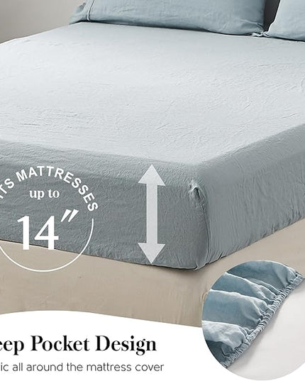 Simple&Opulence 100% Washed Linen Sheet Set-Queen Size-Natural France Flax Bed Sheet-4 Pcs Breathable,Ultra Soft,Farmhouse Bedding (1 Flat Sheet,1 Fitted Sheet,2 Pillowcases)-Embroidery Dusty Blue - LeafyLoom