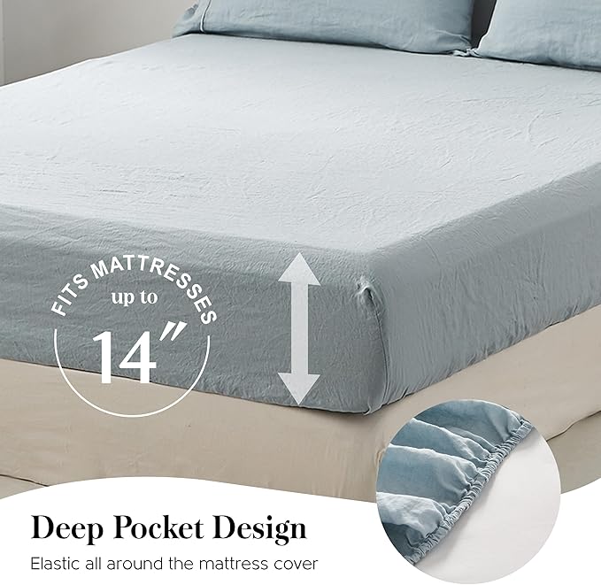 Simple&Opulence 100% Washed Linen Sheet Set-Queen Size-Natural France Flax Bed Sheet-4 Pcs Breathable,Ultra Soft,Farmhouse Bedding (1 Flat Sheet,1 Fitted Sheet,2 Pillowcases)-Embroidery Dusty Blue - LeafyLoom