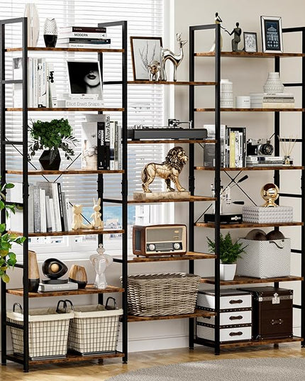 NUMENN Triple Wide 6 Tier Bookshelf, Rustic Industrial Style Bookcases and Bookshelves with 17 Open Display Shelves, Modern Tall Bookcase Furniture for Bedroom, Living Room and Home Office, Vintage - LeafyLoom