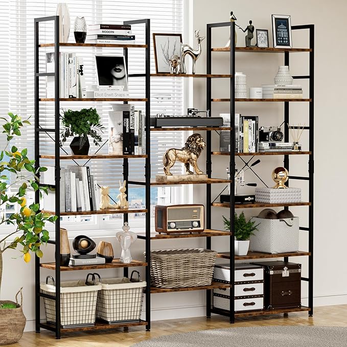 NUMENN Triple Wide 6 Tier Bookshelf, Rustic Industrial Style Bookcases and Bookshelves with 17 Open Display Shelves, Modern Tall Bookcase Furniture for Bedroom, Living Room and Home Office, Vintage - LeafyLoom
