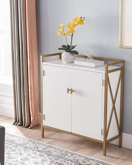 Leick Home 9200-WTGL Claudette Mixed Metal and Wood Foyer Hall Cabinet, White/gold - LeafyLoom