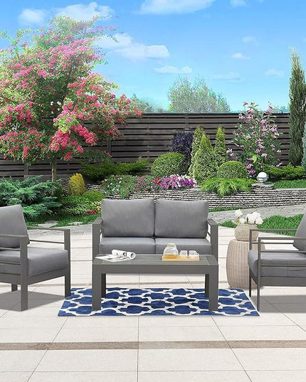 Wisteria Lane Outdoor Patio Furniture Set, 4 Pieces Aluminum Sectional Sofa, Metal Patio Conversation Set with Loveseat, 5 Inch Grey Cushion and Coffee Table (Dark Grey & Grey) - LeafyLoom