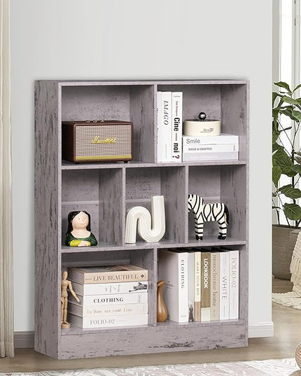 LEYAOYAO 7 Cube Bookshelf with Base,3 Tier Mid-Century Modern Grey Bookcase,Standing Wide Bookshelves Storage Organizer Shelf,Rustic Wood Display Cabinet Book Shelves for Bedroom,Living Room,Office - LeafyLoom