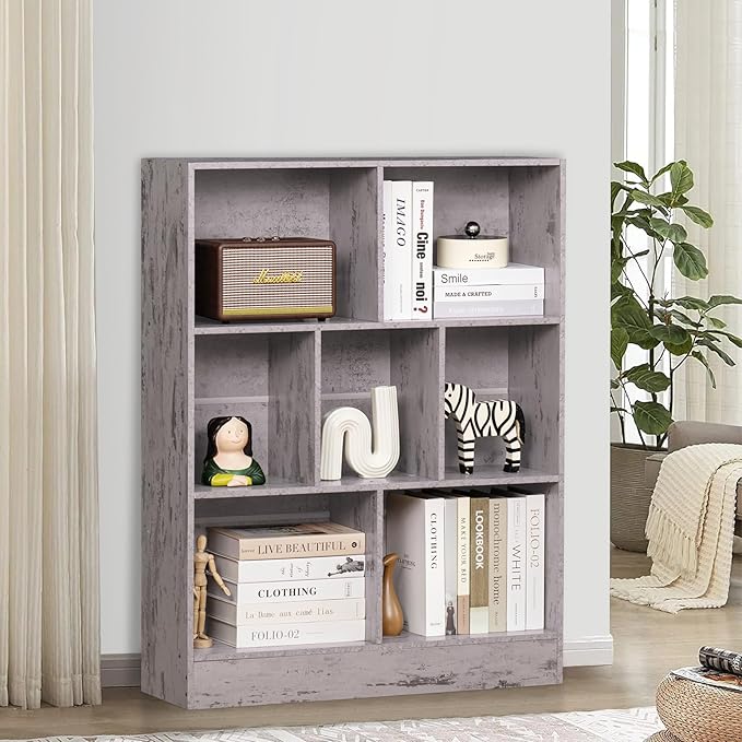 LEYAOYAO 7 Cube Bookshelf with Base,3 Tier Mid-Century Modern Grey Bookcase,Standing Wide Bookshelves Storage Organizer Shelf,Rustic Wood Display Cabinet Book Shelves for Bedroom,Living Room,Office - LeafyLoom
