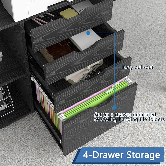 PUNCIA Office Lateral File Storage Cabinet with Paper Shredder Stand On Wheel Large Lateral Filing Cabinet with Drawers Filing Cabinet Organizer Printer Stand with Storage for Home Office - LeafyLoom
