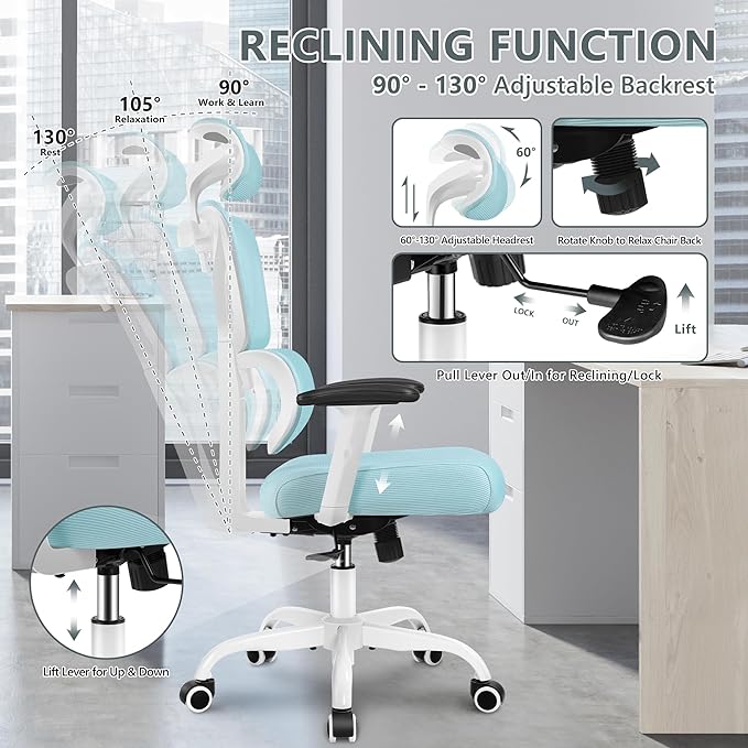 Office Chair Ergonomic Desk Chair, High Back Gaming Chair, Big and Tall Reclining chair Comfy Home Office Desk Chair Lumbar Support Breathable Mesh Computer Chair Adjustable Armrests (Blue) - LeafyLoom