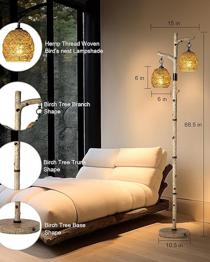 68.5" Rustic Farmhouse Remote Control Switch Birch Tree Floor lamp with Bird Nest Lantern Shade Vintage Standing Lamp for Living Room Bedroom Hotel Bar Office Wood House(LED Bulb Included) - LeafyLoom