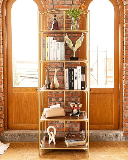 No Assembly Folding Bookshelf, 5 Tier Gold Bookshelf, Metal Book Shelf for Storage, Folding Bookcase for Office Organization and Storage, 12.87" D x 22.91" W x 68.1" H - LeafyLoom