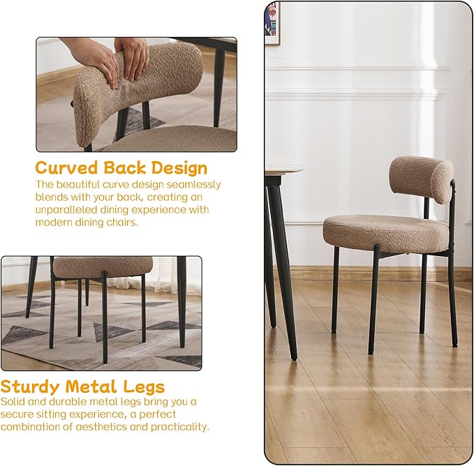 EDWELL Dining Chairs Set of 4, Round Upholstered Dining Room Chairs, Curved Backrest Boucle Dining Chair for Kitchen, Living Room, Mid Century Modern Dining Chairs with Black Metal Legs - LeafyLoom