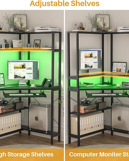Cyclysio Small Corner Desk with Hutch, Corner Gaming Desk with LED Light & Power Outlets, Computer Desk with Keyboard Tray, Triangel Desk for Small Space, Home Office, Workstation, Black - LeafyLoom