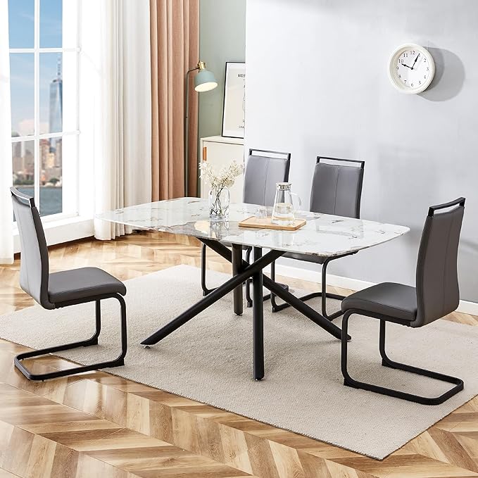 NicBex Large Rectangular Imitation Marble Dining Table 6-8 Seats Black Artificial Marble Countertop Smooth Chrome Legs Sleek Chrome Legs for Kitchen, Dining, Living, Meeting, Banquet, White + Black - LeafyLoom