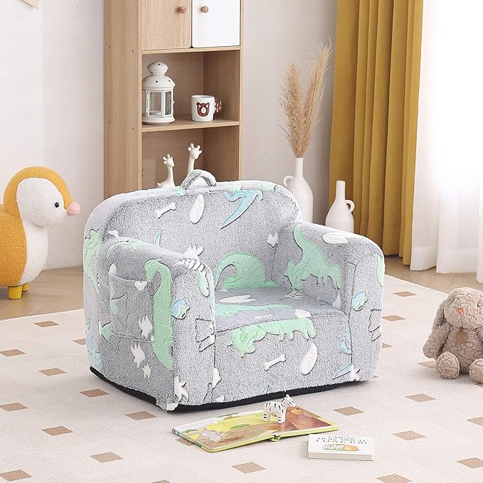 Tiita Kids Sofa, Children Couch with Carrying Handle & Side Pockets, Kids Foam Chair, Toddler Armrest Chair,Kids Read Sofa for Girl or Boy(Dark Grey Dinosaur) - LeafyLoom