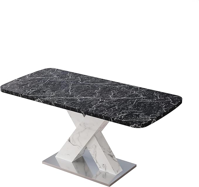 NicBex 62.99Inch Expandable Dining Table,Modern Kitchen Table with Black Marble Tabletop and MDF White X-Shape Legs for 6 to 8,Large Dining Room Table for Kitchen,Meeting Living Room,Black+White - LeafyLoom