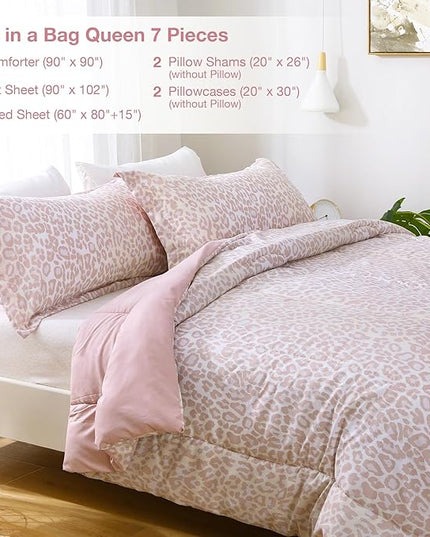 Printed Queen Bedding Sets with Comforter and Sheets, 7 Piece Bed in A Bag Comforter Set with Fluffy Microfiber, Stylish Pink Leopard Pattern - LeafyLoom