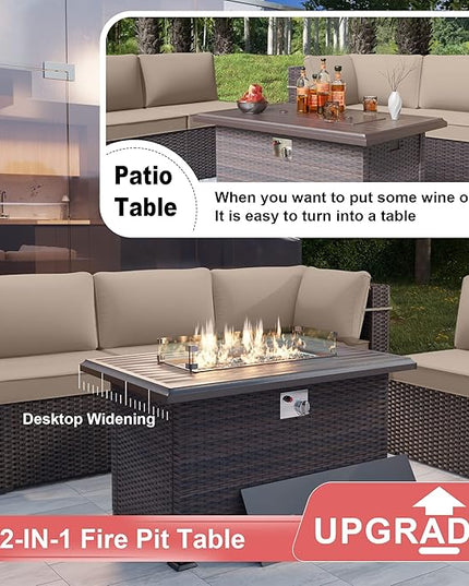 Patio Furniture Sectional Sofa Set 7-Pieces PE Rattan Patio Conversation Set w/43in Gas Fire Pit Table, Outdoor Furniture with 55000 BTU Propane Fire Pit, Sand - LeafyLoom