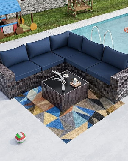 Kullavik 6PCS Outdoor Patio Furniture Set PE Wicker Rattan Sectional Sofa Patio Conversation Sets,Navy blue - LeafyLoom