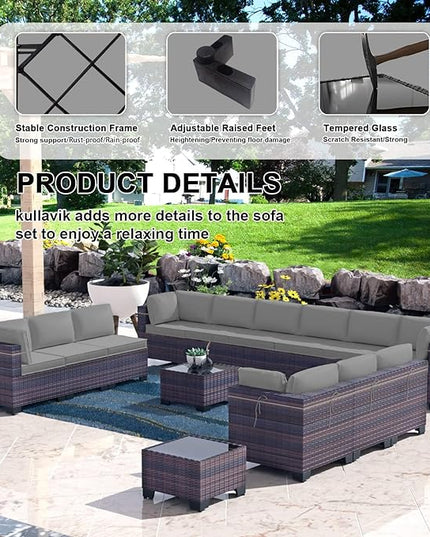 Kullavik 14PCS Outdoor Patio Furniture Set PE Wicker Rattan Sectional Sofa Patio Conversation Sets,Grey - LeafyLoom