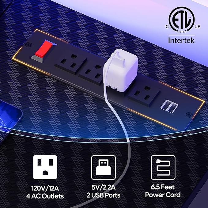 Bestier 52 inch Gaming Desk with Power Outlets and USB Charging Ports, Sturdy Computer Desk with LED Lights and Monitor Stand, Computer Table for Home Office, Easy to Assemble, Carbon Fiber Black - LeafyLoom