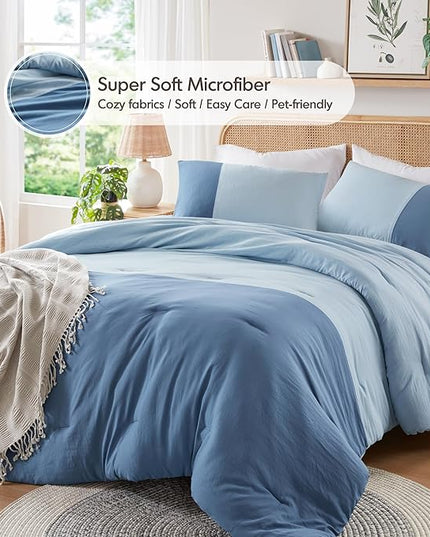 Blue Comforter King Size - Modern Farmhouse Soft Comforter Sets for Men, Masculine Colorblock Pattern Bed Sets for All Season, 3 Pieces includes 1 Comforter, 2 Shams (104"x 90") - LeafyLoom